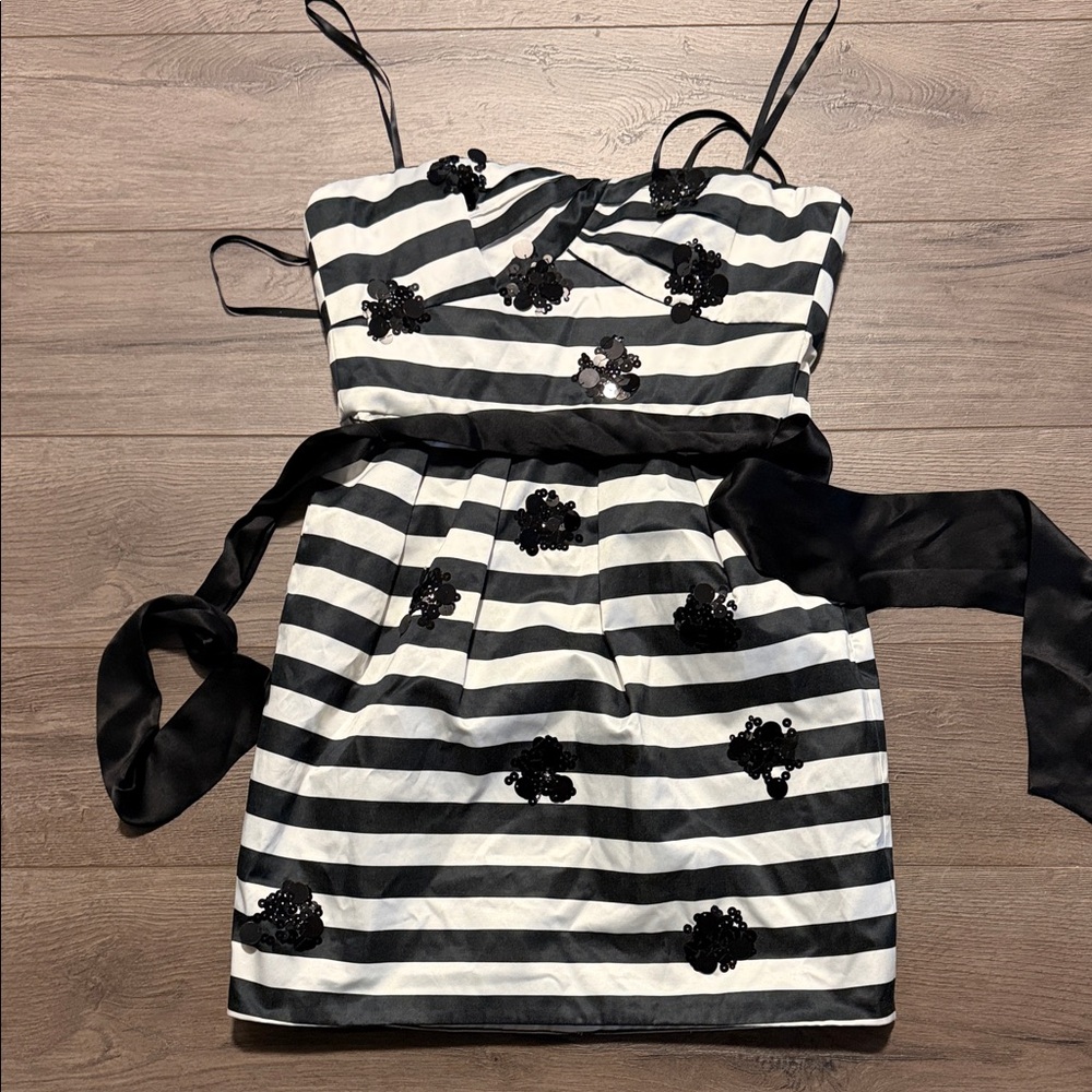 BCBG Black and White Striped Kids Dress with Floral Accents